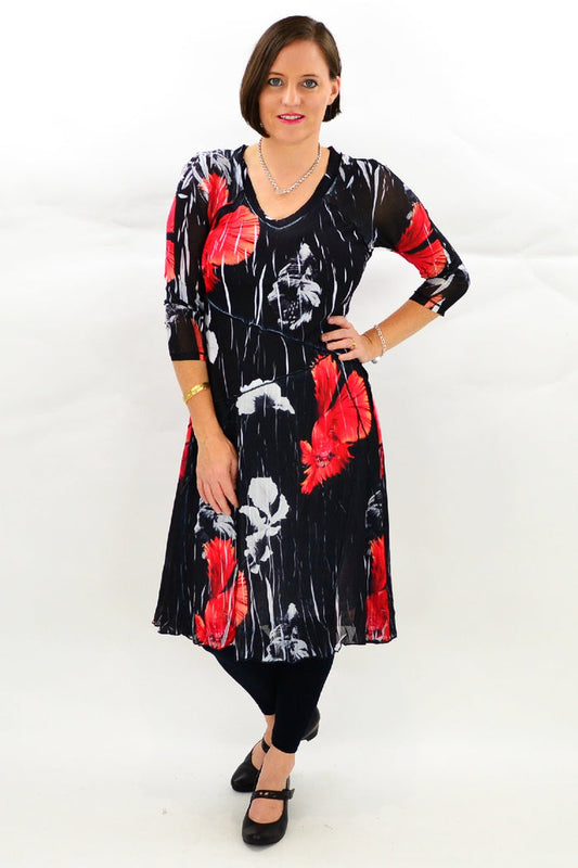 Red Oriental style tunic dress by David Jessie featuring a flowing silhouette and intricate pattern details.