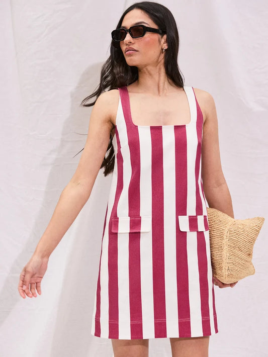 Red Stripe Pocket Detail Mini Dress
