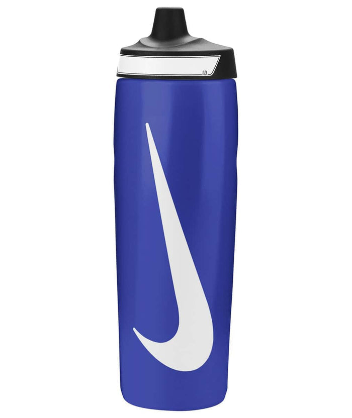Nike Refuel Bottle Grip 24oz water bottle in Game Royal, black, and white with ergonomic grip design.