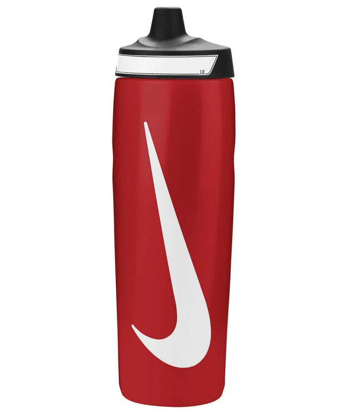 Nike Refuel Bottle Grip 24oz water bottle in University Red, black, and white with a textured grip and sports cap.