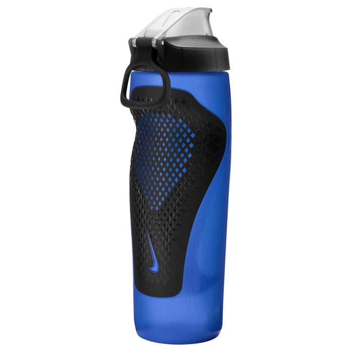 Nike Refuel 24oz water bottle with locking lid in Game Royal, Black, and Silver Iridescent, showcasing a sleek sports design.