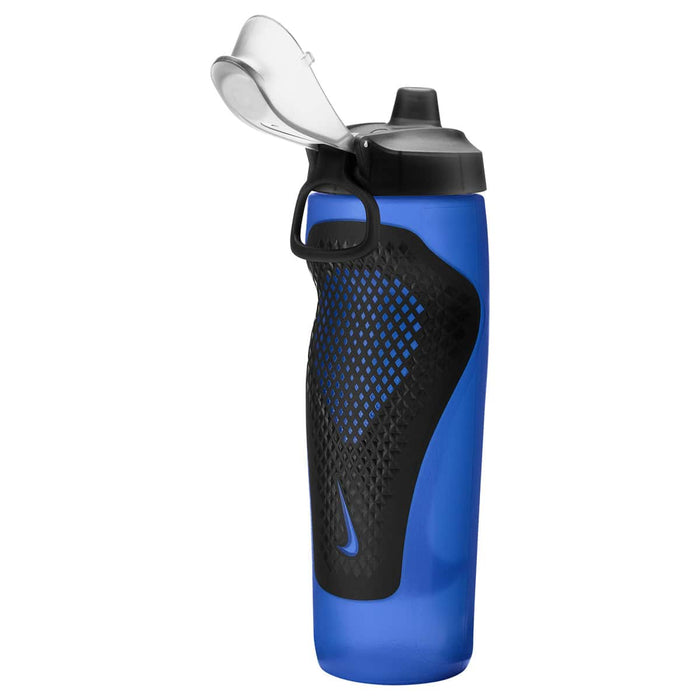 Nike Refuel 24oz water bottle with locking lid in Game Royal, Black, and Silver Iridescent, showcasing its sleek design and secure cap.