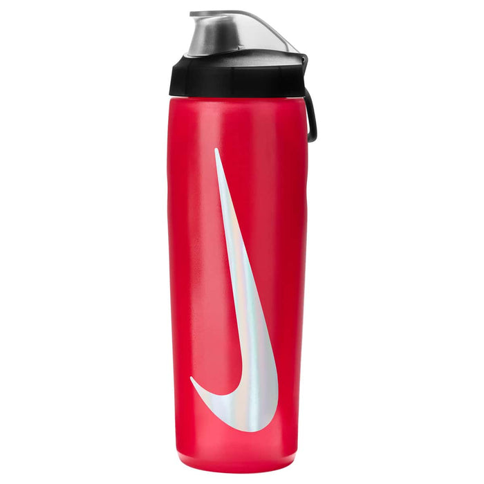 Nike Refuel 24oz water bottle with locking lid in university red, black, and silver iridescent finish, durable and portable.