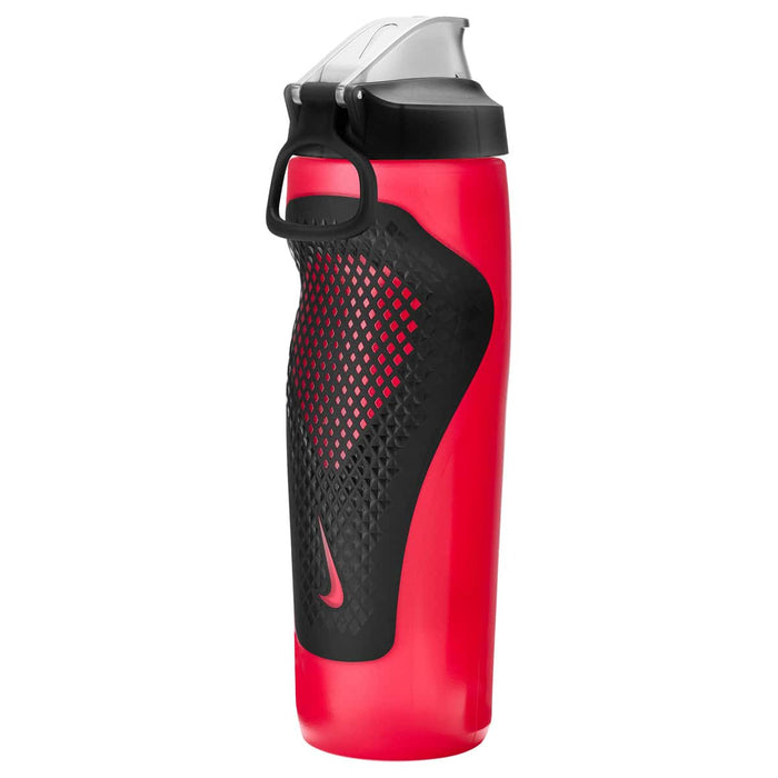 Nike Refuel 24oz water bottle with locking lid in University Red, black, and iridescent silver featuring a sleek design.