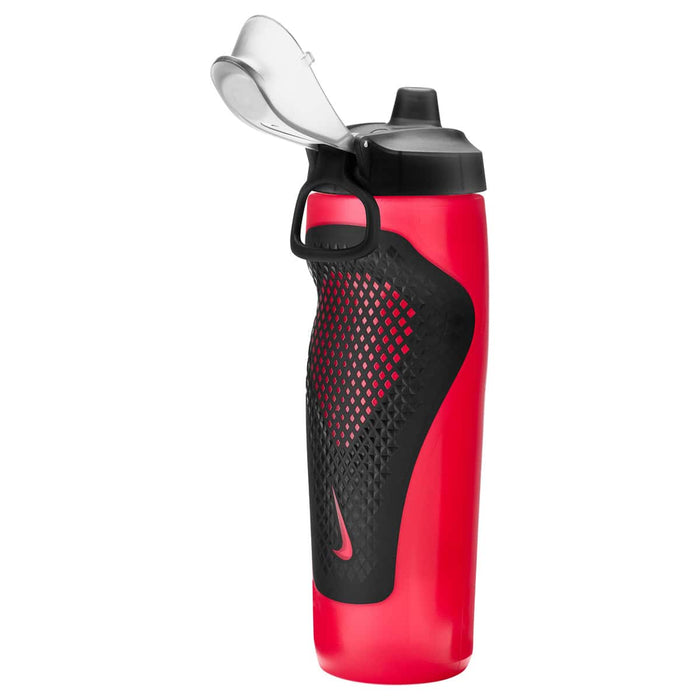 Nike Refuel 24oz water bottle with locking lid in university red, black, and silver iridescent finish.