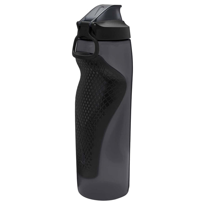 Nike Refuel 32oz water bottle with locking lid in anthracite, black, and silver iridescent finish, designed for hydration.