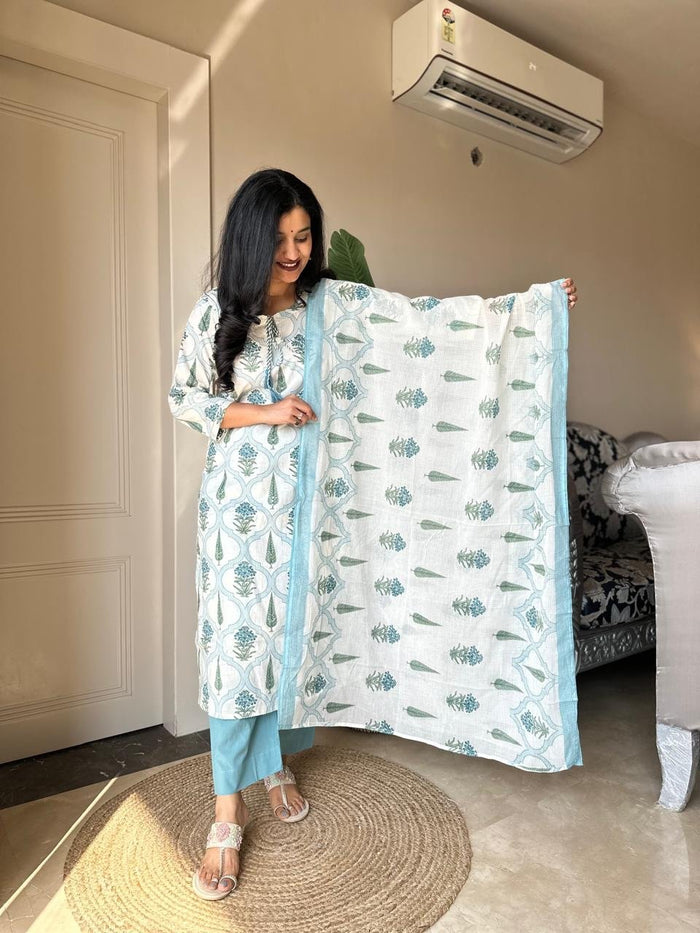 Ria Printed Pure Cotton Set- Blue