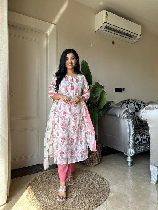 Ria Printed Pure Cotton Set- Pink