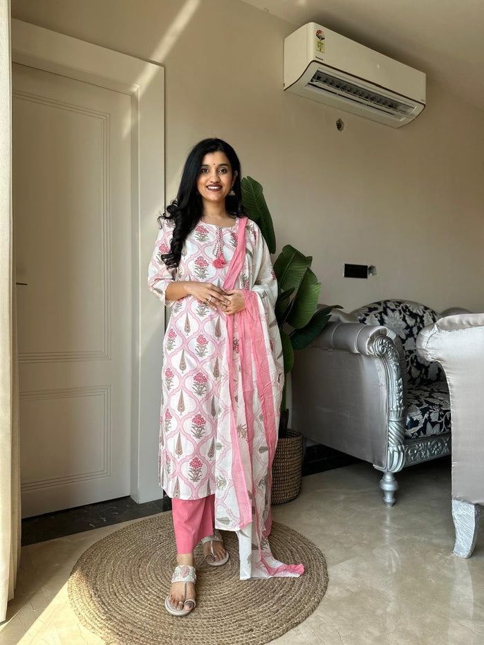 Ria Printed Pure Cotton Set- Pink