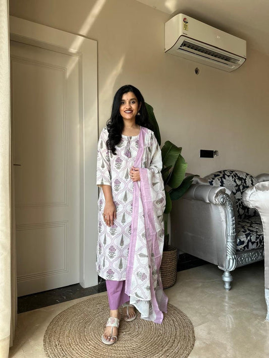 Ria Printed Pure Cotton Set- Purple