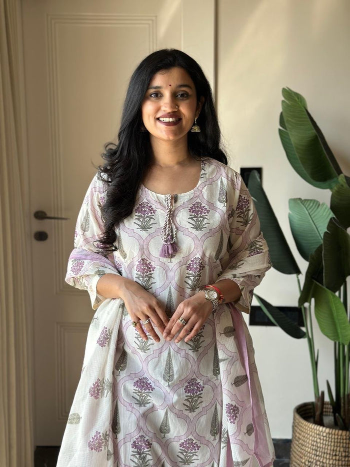 Ria Printed Pure Cotton Set- Purple