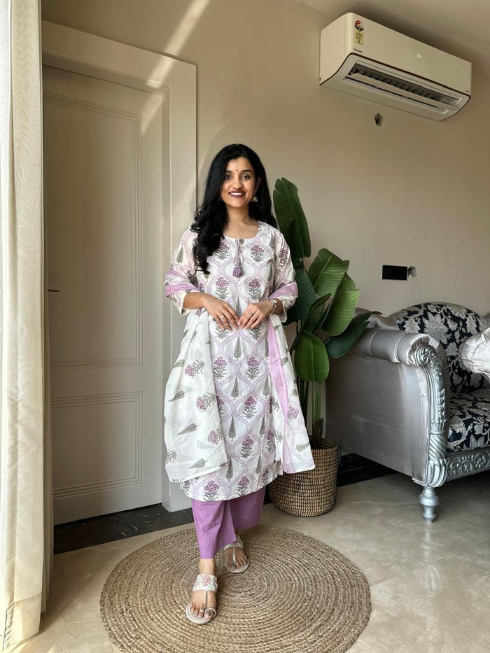 Ria Printed Pure Cotton Set- Purple