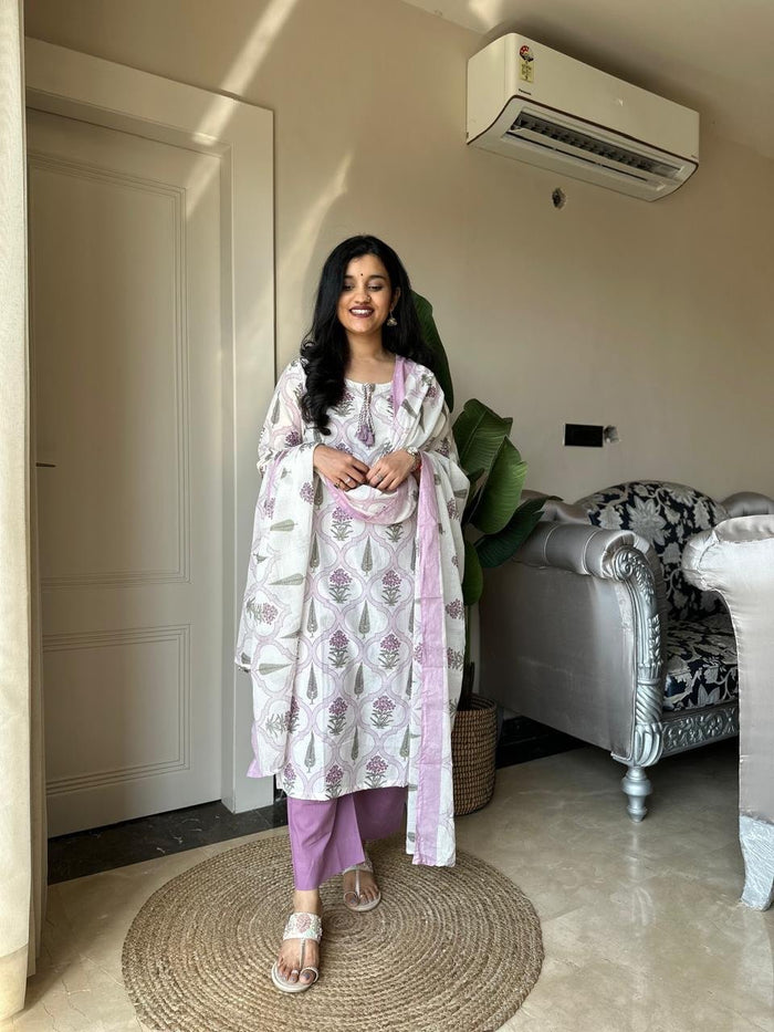 Ria Printed Pure Cotton Set- Purple