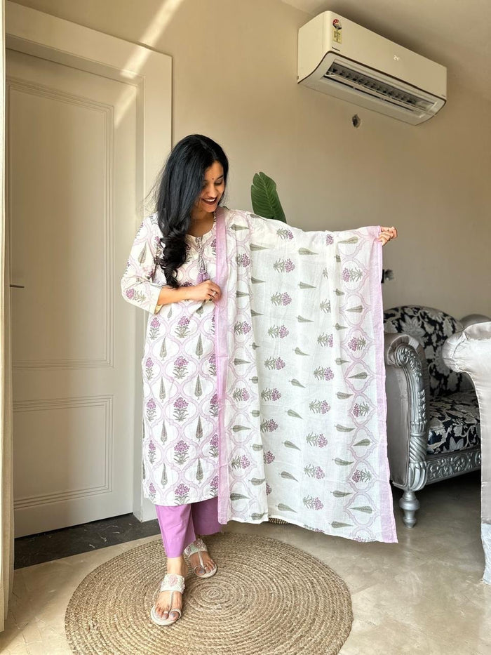 Ria Printed Pure Cotton Set- Purple