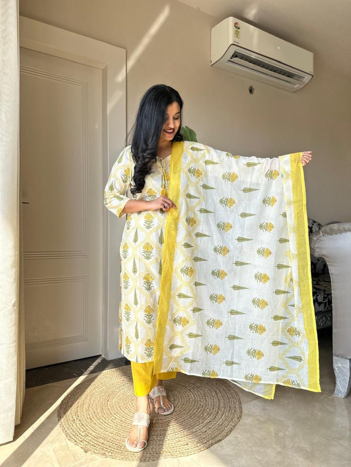 Ria Printed Pure Cotton Set- Yellow