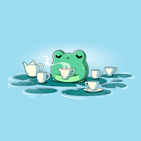 Premium Cotton T-shirt_TeeTurtle light blue Ribbit and Sip apparel featuring a frog drinking coffee sitting on a lily pad surrounded by lily pads with coffee cups on them.