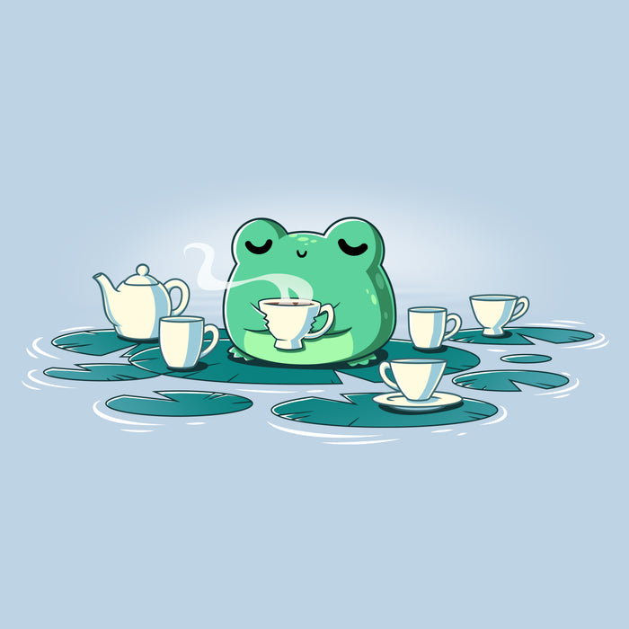 Classic Cotton T-shirt_TeeTurtle light blue Ribbit and Sip apparel featuring a frog drinking coffee sitting on a lily pad surrounded by lily pads with coffee cups on them.