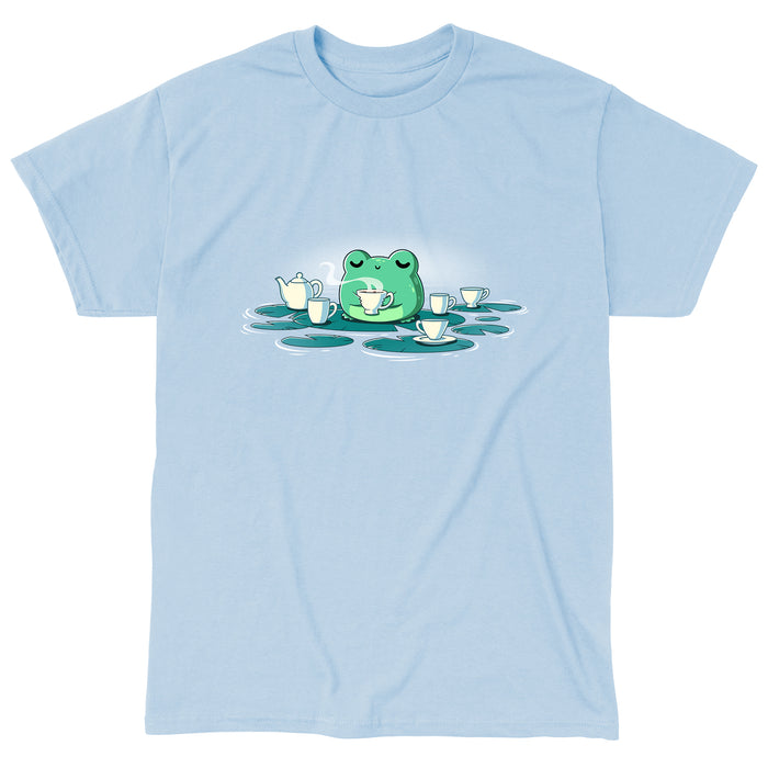 Classic Cotton T-shirt_TeeTurtle light blue Ribbit and Sip apparel featuring a frog drinking coffee sitting on a lily pad surrounded by lily pads with coffee cups on them.