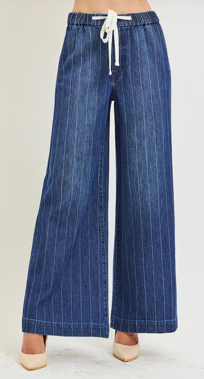 Risen - Slouchy Wide Stripe Jeans with Drawstring Waist