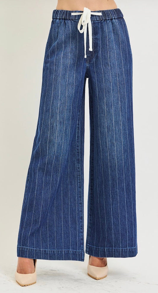 Risen - Slouchy Wide Stripe Jeans with Drawstring Waist
