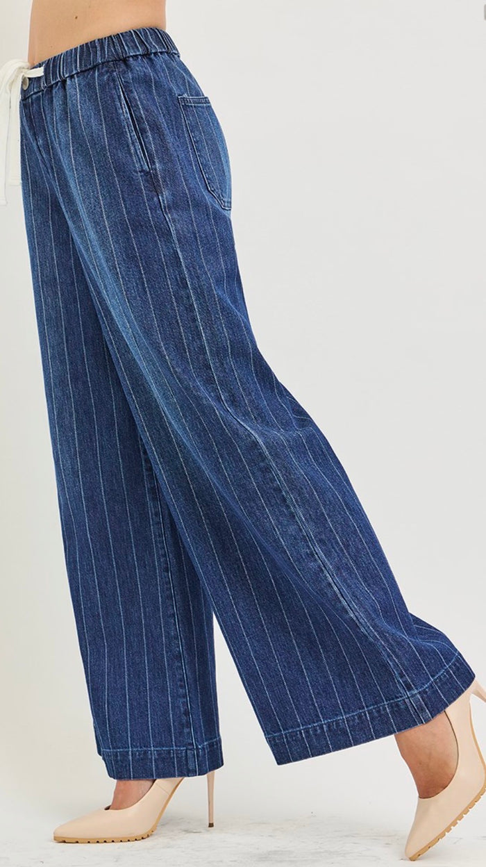 Risen - Slouchy Wide Stripe Jeans with Drawstring Waist