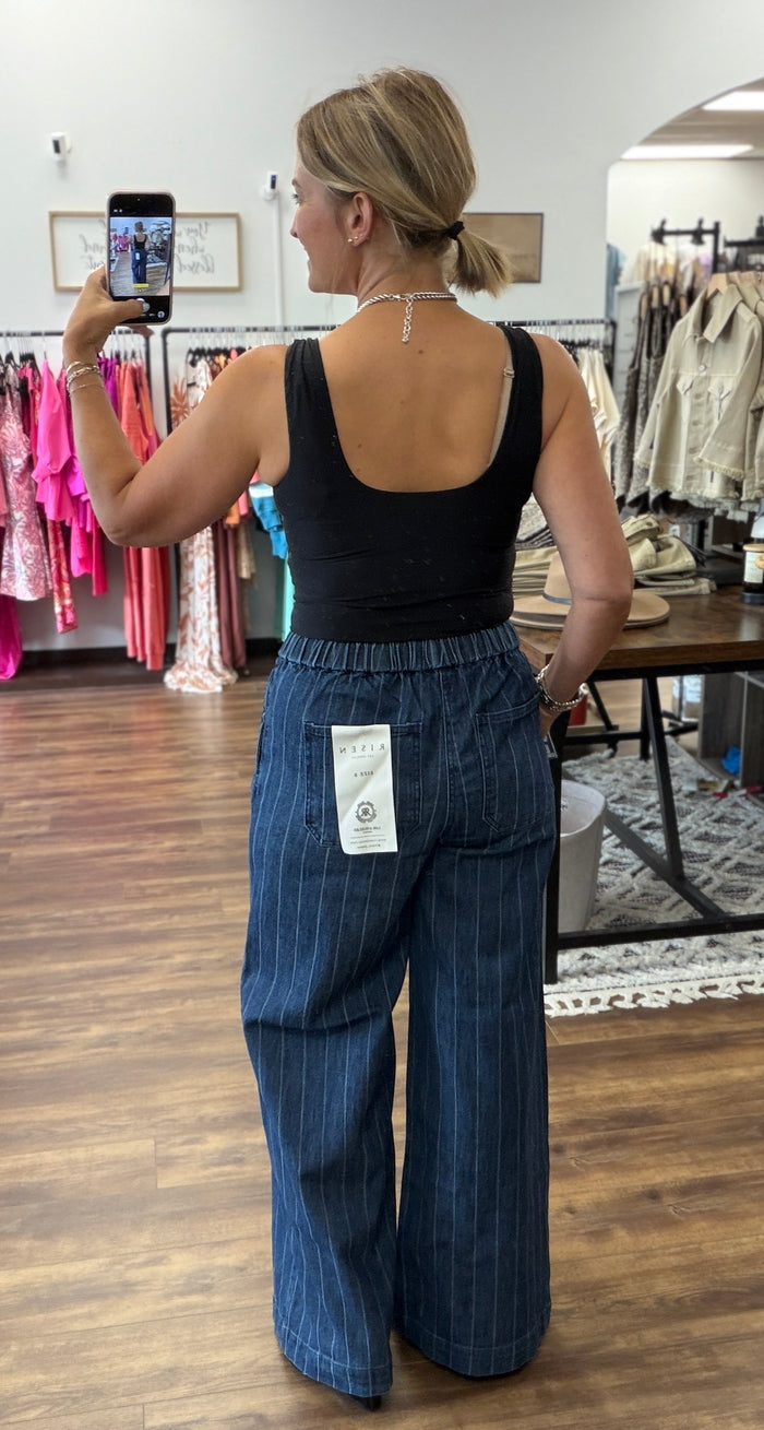 Risen - Slouchy Wide Stripe Jeans with Drawstring Waist