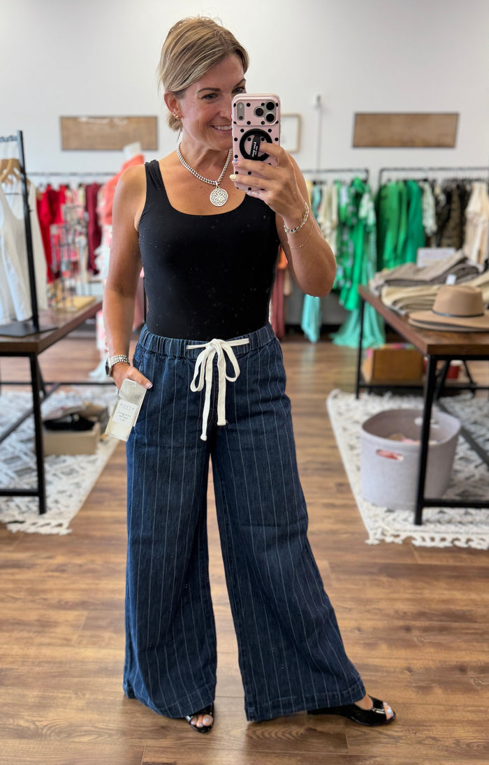 Risen - Slouchy Wide Stripe Jeans with Drawstring Waist