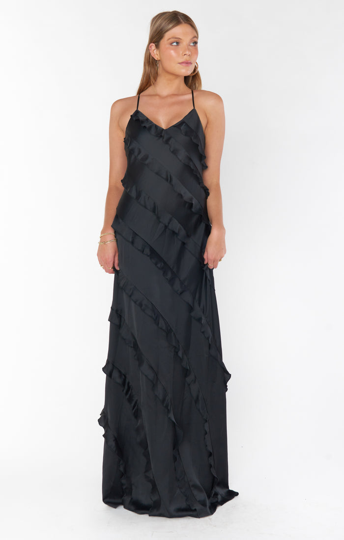 Romance Ruffle Dress ~ Black Luxe Satin
