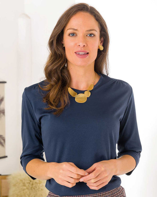 Roxanne Ruched Shoulder 3/4 sleeve Top - Navy - The Classic Boutique