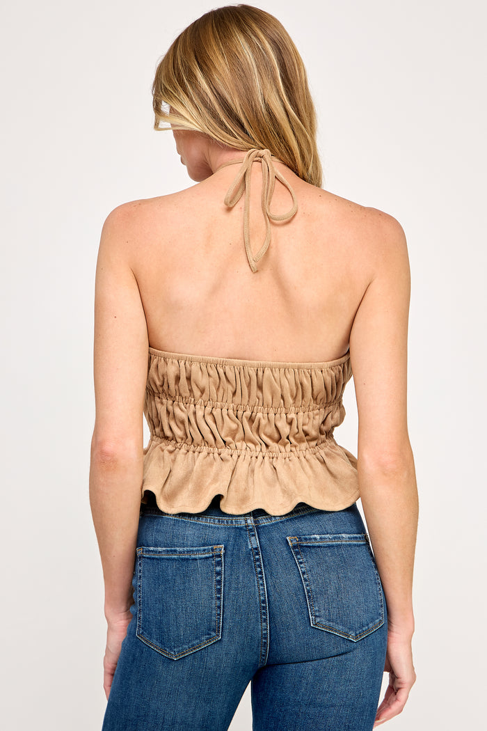 Ruched Suede Halter Crop Top Double Front Tie