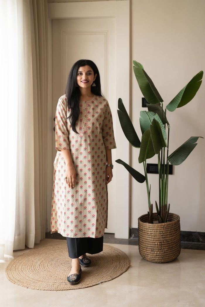 Rusha Cotton Straight Kurta- Nude