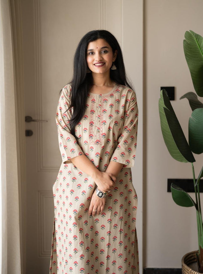 Rusha Cotton Straight Kurta- Nude