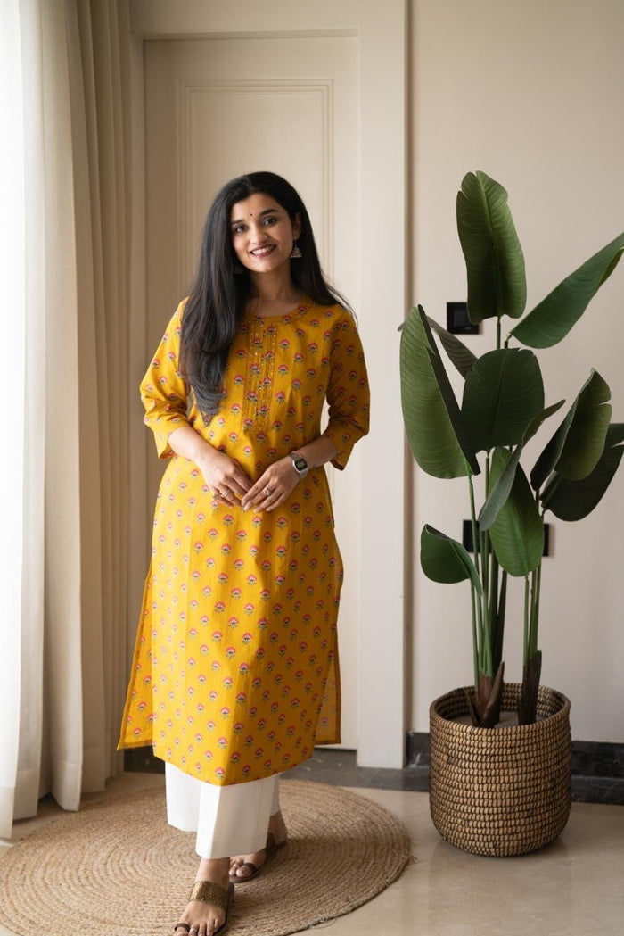 Rusha Straight Cotton Kurti- Mustard