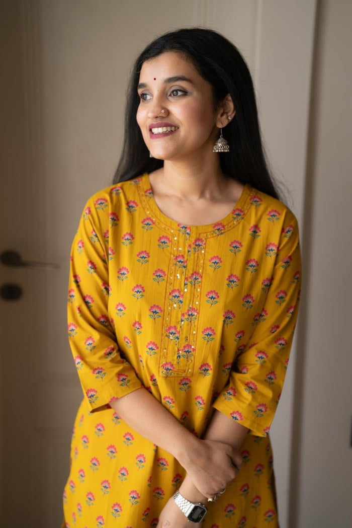 Rusha Straight Cotton Kurti- Mustard