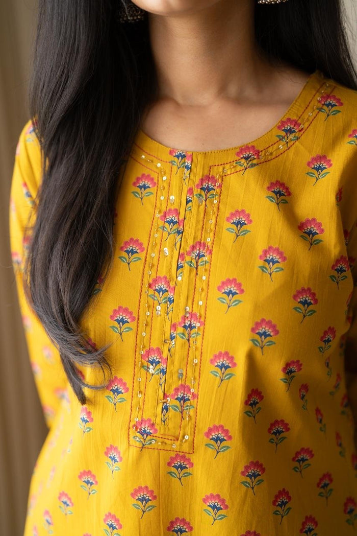 Rusha Straight Cotton Kurti- Mustard