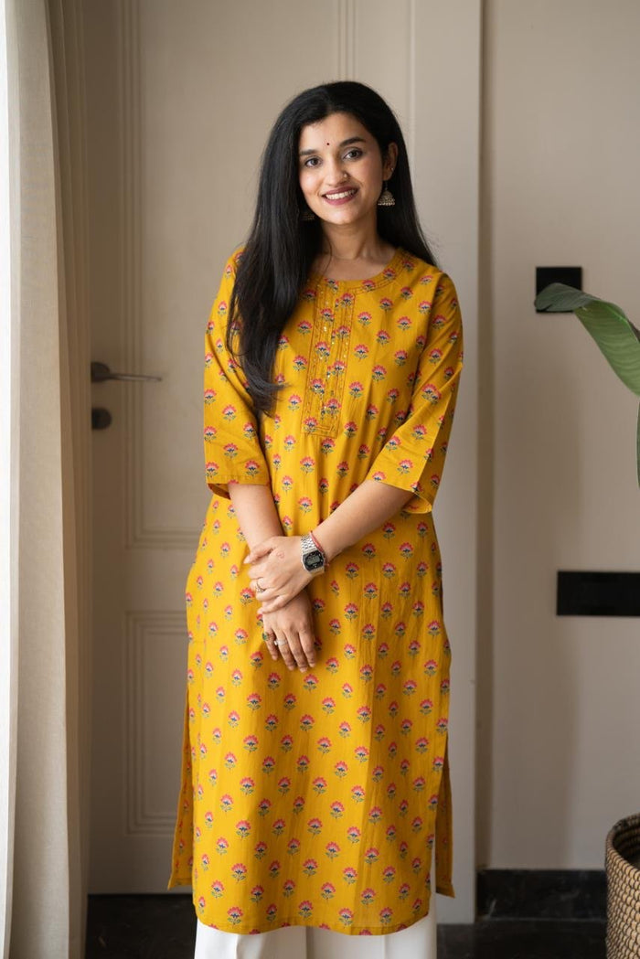 Rusha Straight Cotton Kurti- Mustard