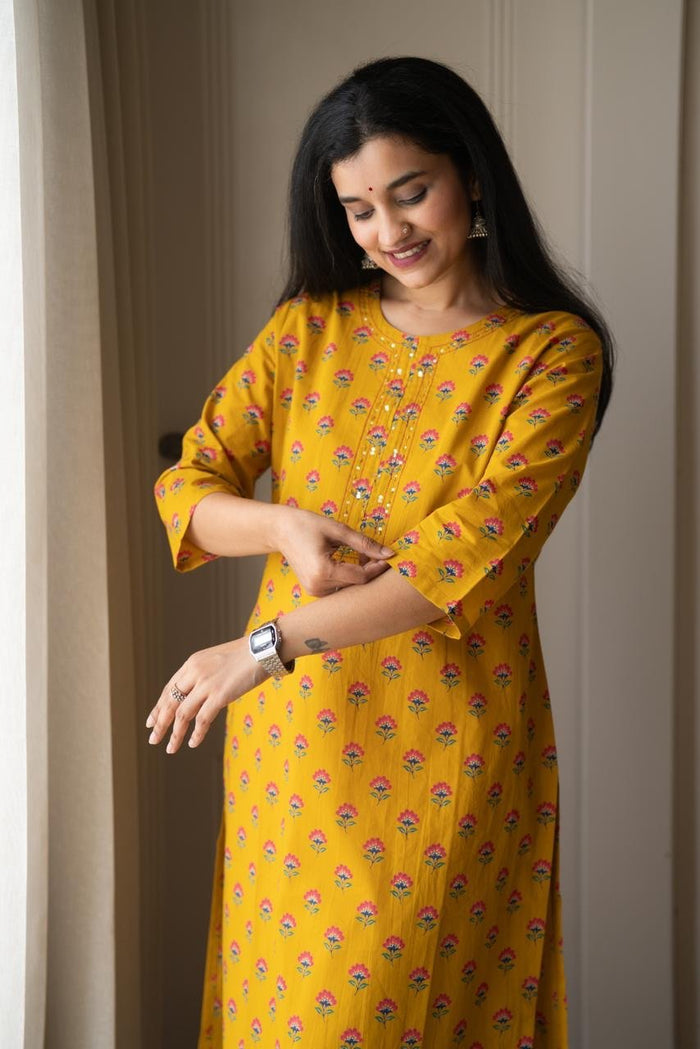 Rusha Straight Cotton Kurti- Mustard