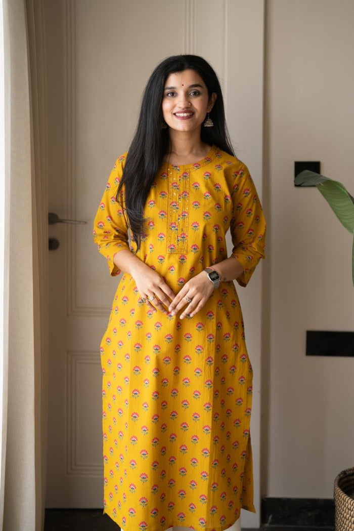Rusha Straight Cotton Kurti- Mustard