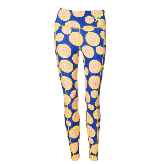 Blue leggings with bright yellow and orange sunflower pattern, high waist fitness wear