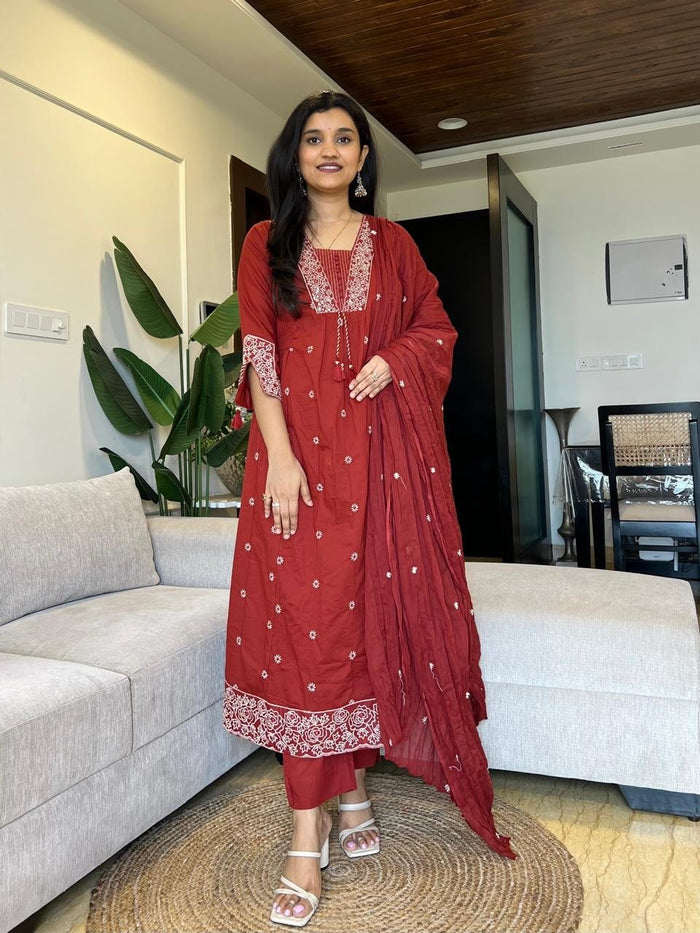 Samara Threadwork Cotton Set- Maroon