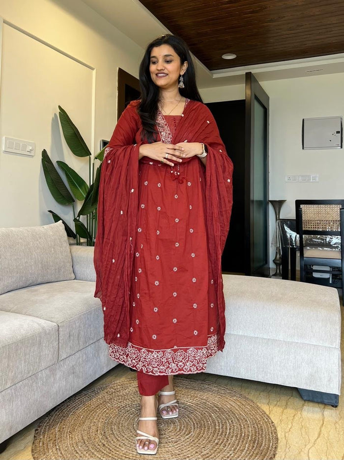 Samara Threadwork Cotton Set- Maroon