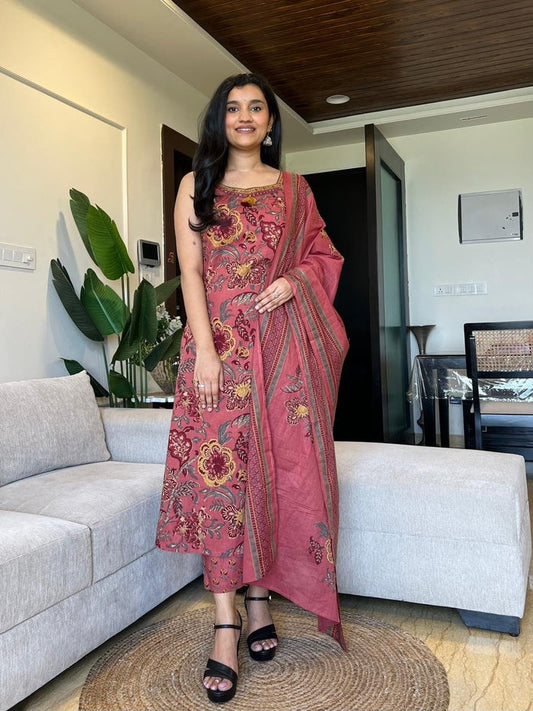 Sharna Block Print Cotton Suit- Pink