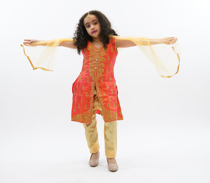 Silk Salamander Orange Embroidered Girl's Salwar Suit