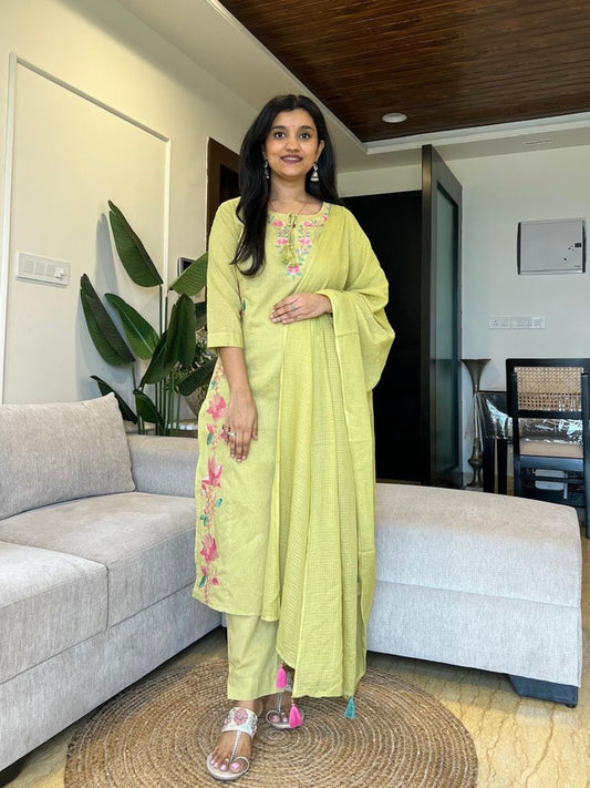 Sosha Embroidered Cotton Suit- Green