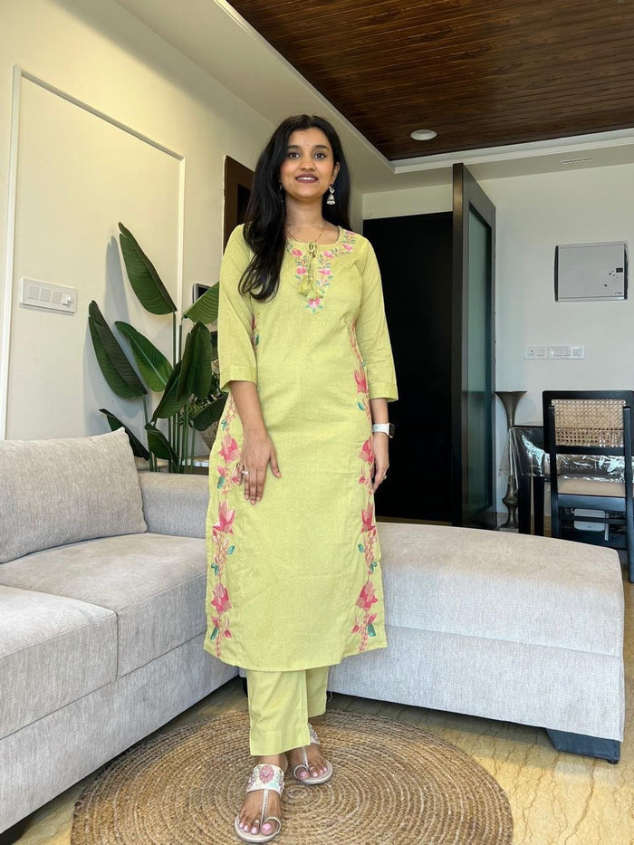 Sosha Embroidered Cotton Suit- Green