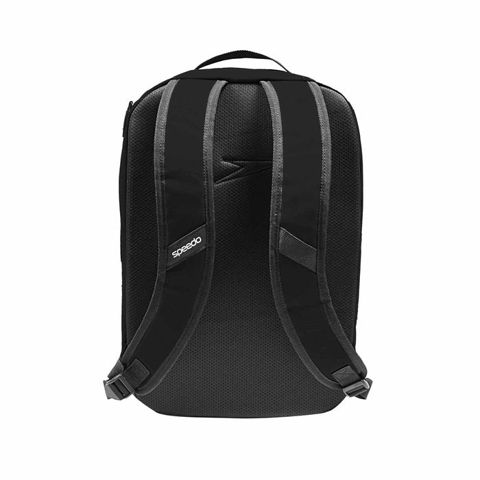 Speedo 25L Flex Bag backpack in black with adjustable straps and multiple compartments for swimming gear and accessories.