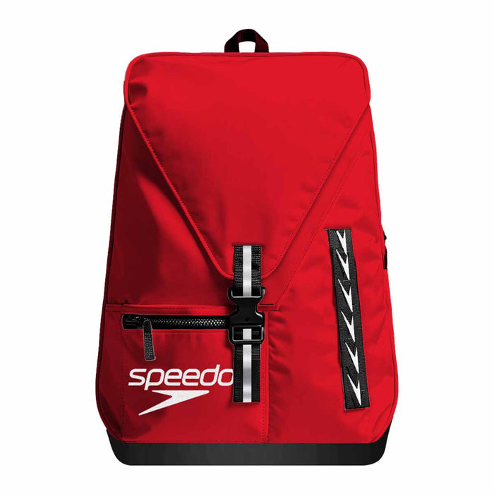 Red Speedo 35L Team Bag backpack with multiple compartments and adjustable straps for swimming team gear storage.