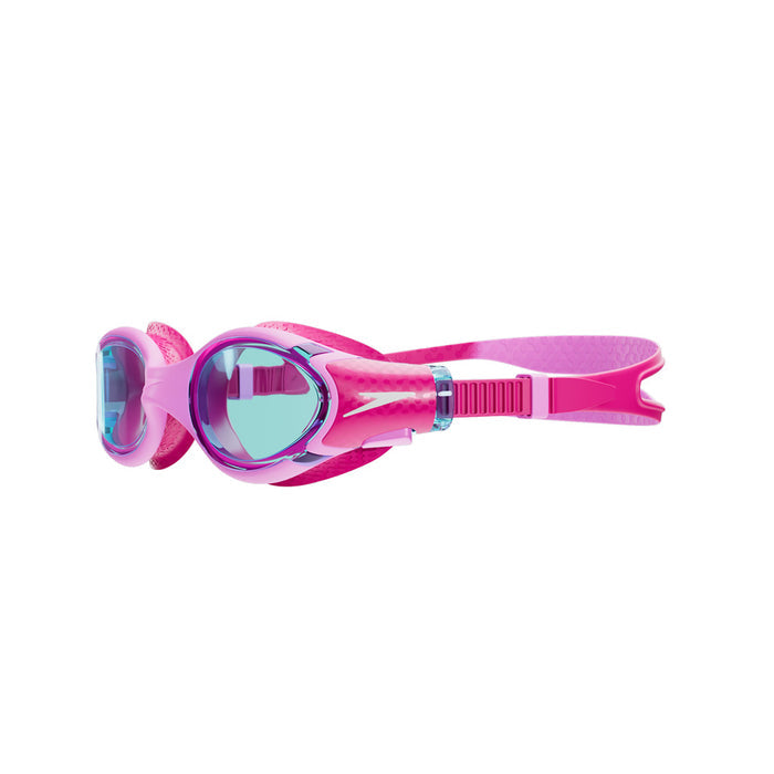 Pink Speedo Biofuse 2.0 Junior goggles with clear lenses, adjustable strap, and comfortable fit for swimming.