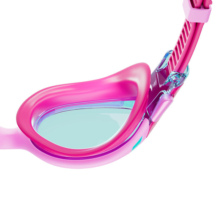 Pink Speedo Biofuse 2.0 Junior goggles with adjustable straps and clear lenses for comfortable swimming.
