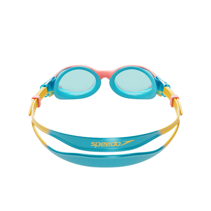 Red Speedo Biofuse 2.0 Junior goggles with a sleek design, featuring adjustable straps and clear lenses for young swimmers